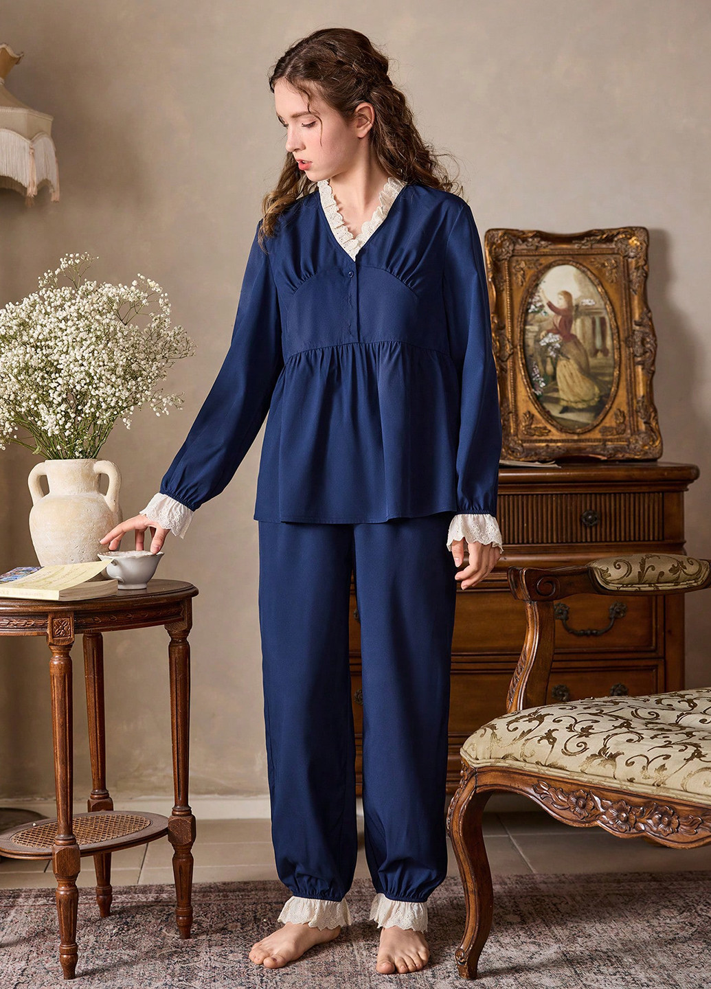Темно-синя всесезон піжама (сорочка, штани) світшот + брюки SHEIN