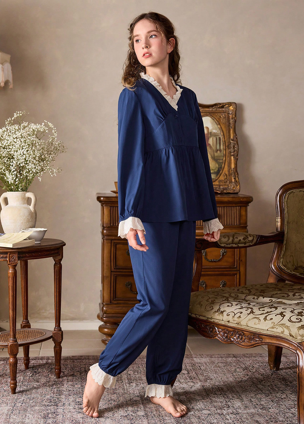 Темно-синя всесезон піжама (сорочка, штани) світшот + брюки SHEIN
