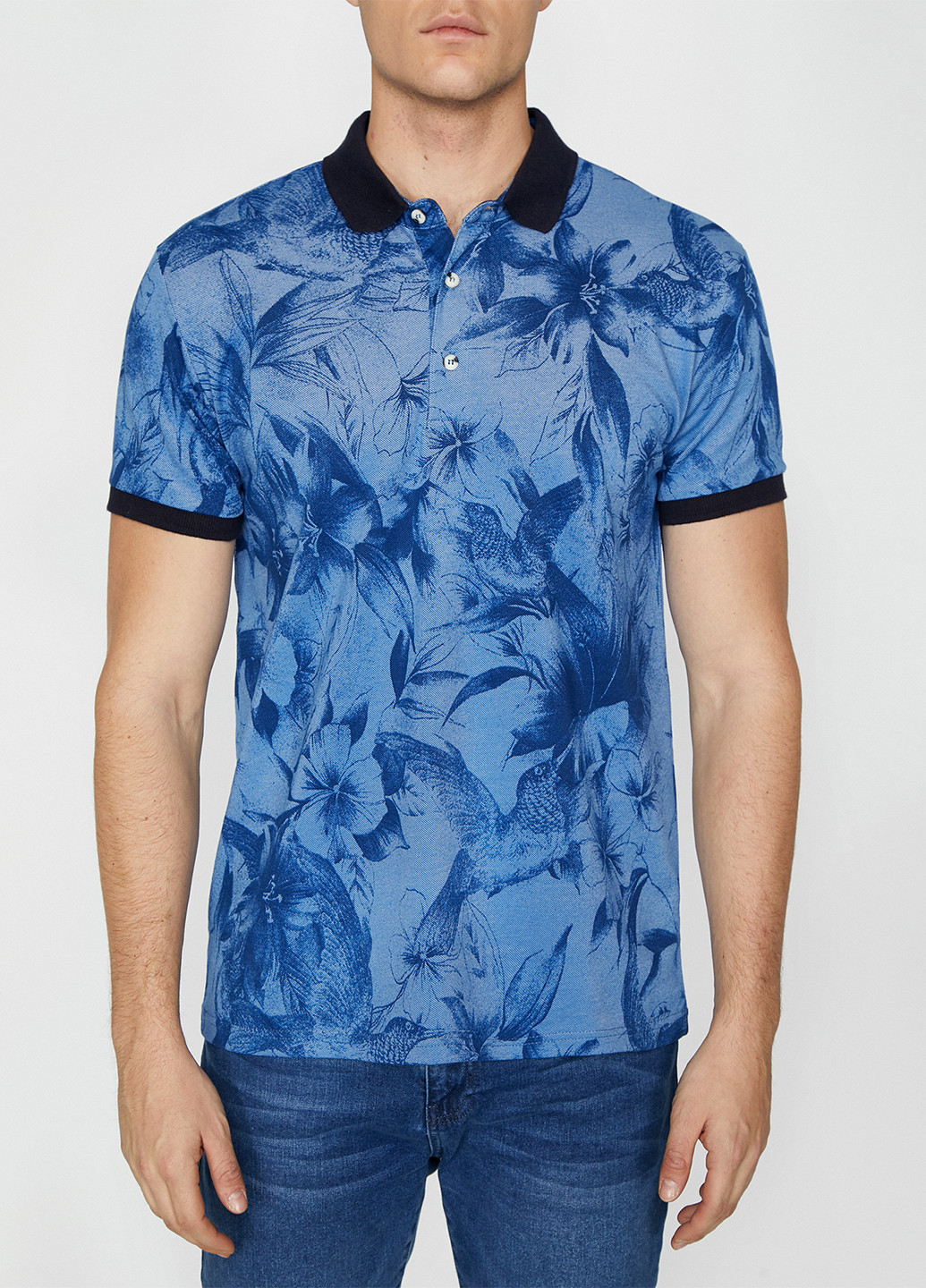 Голубой футболка-поло для мужчин KOTON с цветочным принтом