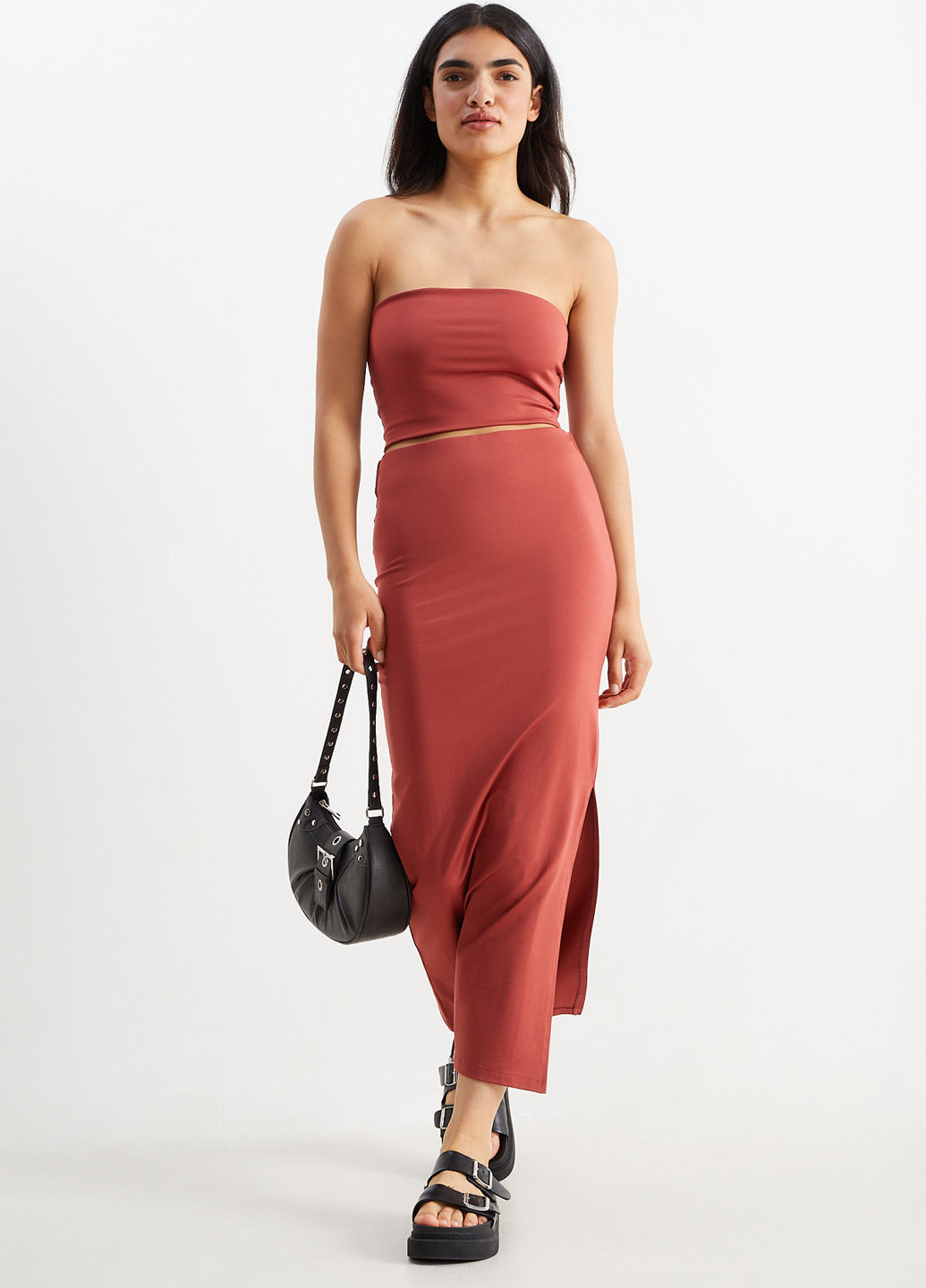 Бордовая кэжуал однотонная юбка C&A карандаш