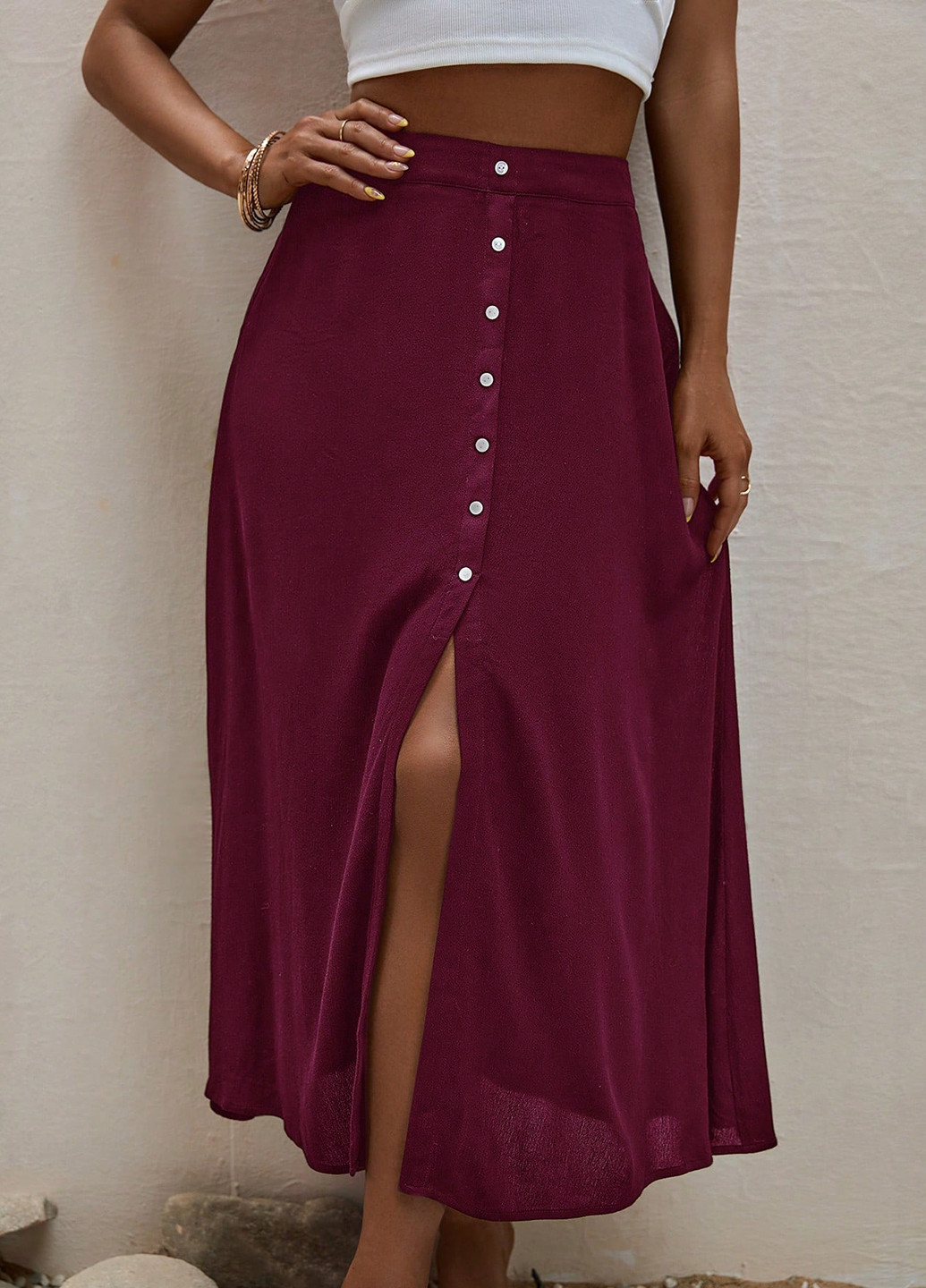 Бордовая кэжуал однотонная юбка SHEIN а-силуэта (трапеция)