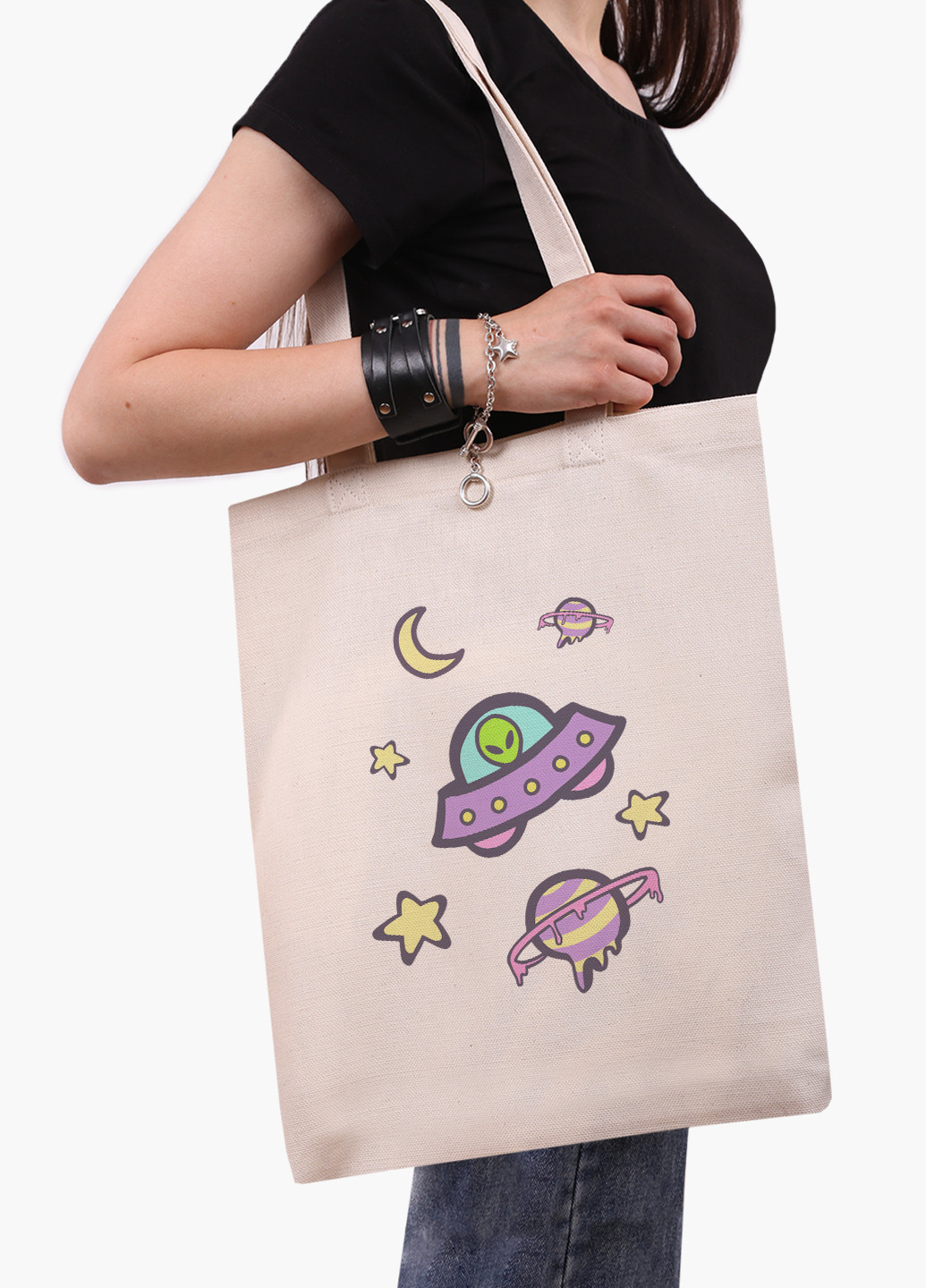 Еко сумка шоппер біла Інопланетяни в космосі (Aliens in space) (9227-2854-WT-1) Еко сумка шоппер біла 41*35 см MobiPrint (221683045)