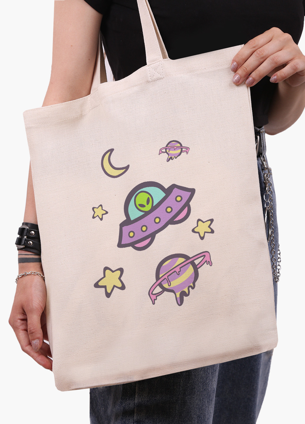 Эко сумка шоппер белая Инопланетяни в космосе (Aliens in space) (9227-2854-WT-1) Еко сумка шоппер біла 41*35 см MobiPrint (221683045)