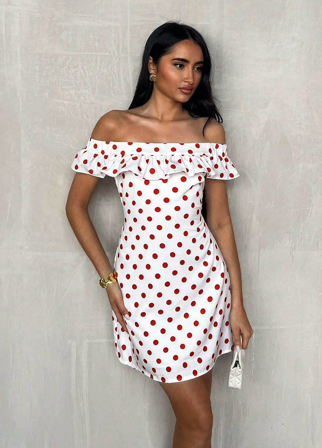 Белое кэжуал платье с открытыми плечами, с открытой спиной, а-силуэт SHEIN в горошек