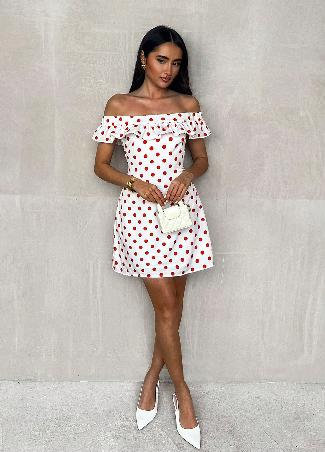 Белое кэжуал платье с открытыми плечами, с открытой спиной, а-силуэт SHEIN в горошек