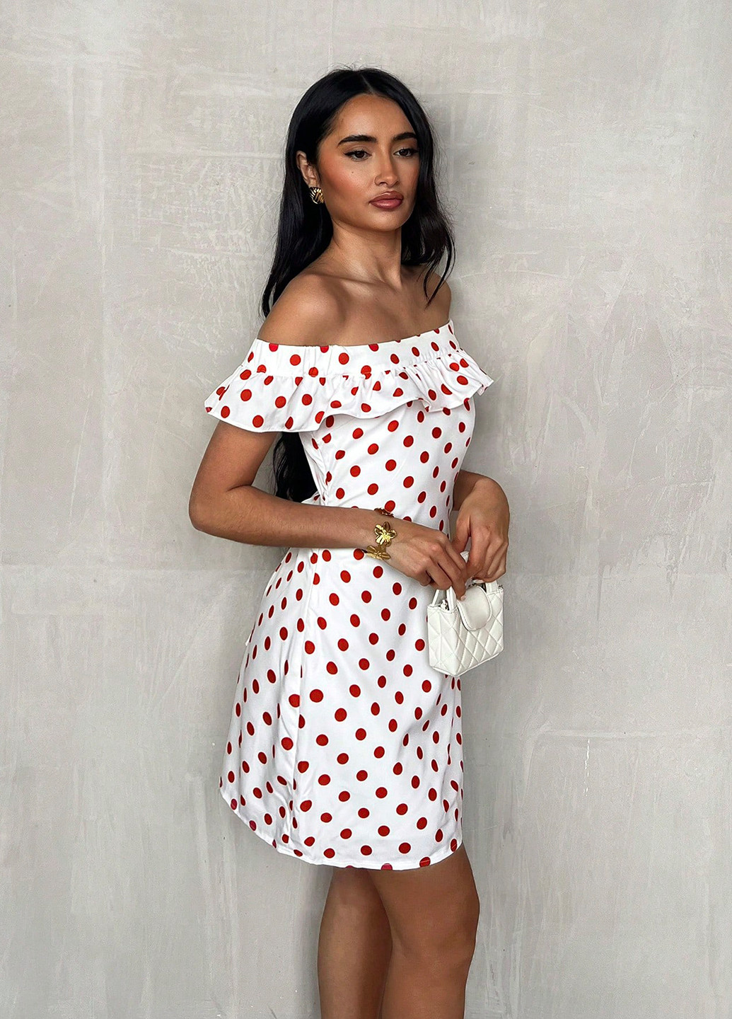 Белое кэжуал платье с открытыми плечами, с открытой спиной, а-силуэт SHEIN в горошек