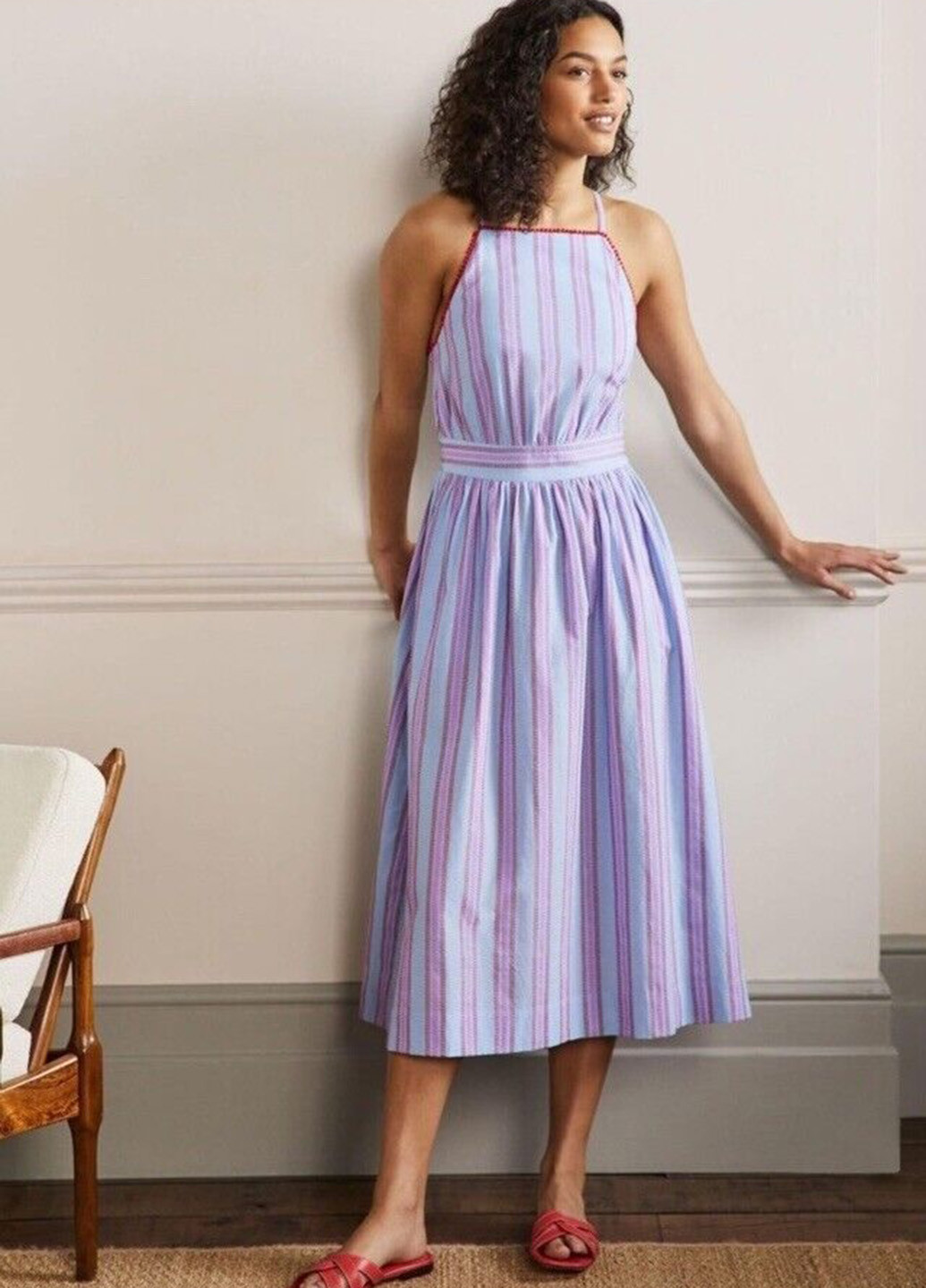 Голубое кэжуал платье с открытой спиной Boden в полоску