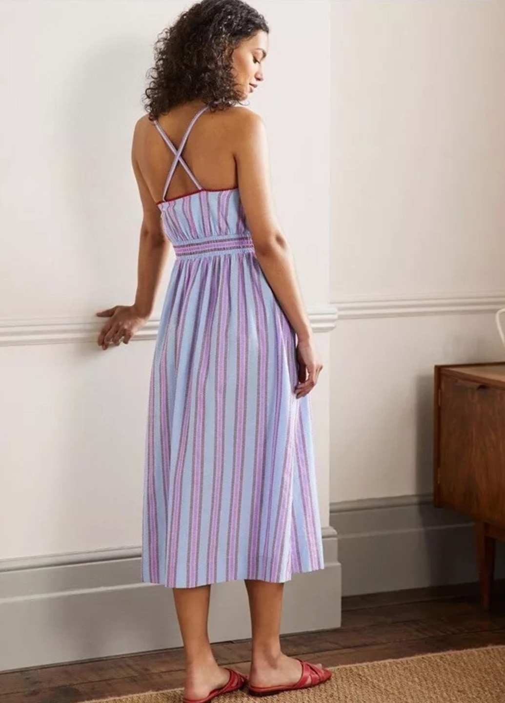 Голубое кэжуал платье с открытой спиной Boden в полоску