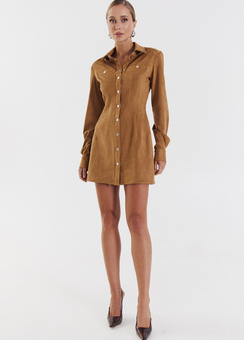 Коричневое кэжуал платье рубашка Gepur однотонное