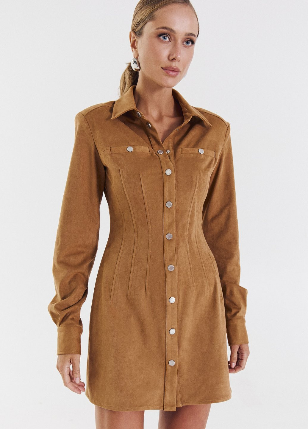 Коричневое кэжуал платье рубашка Gepur однотонное