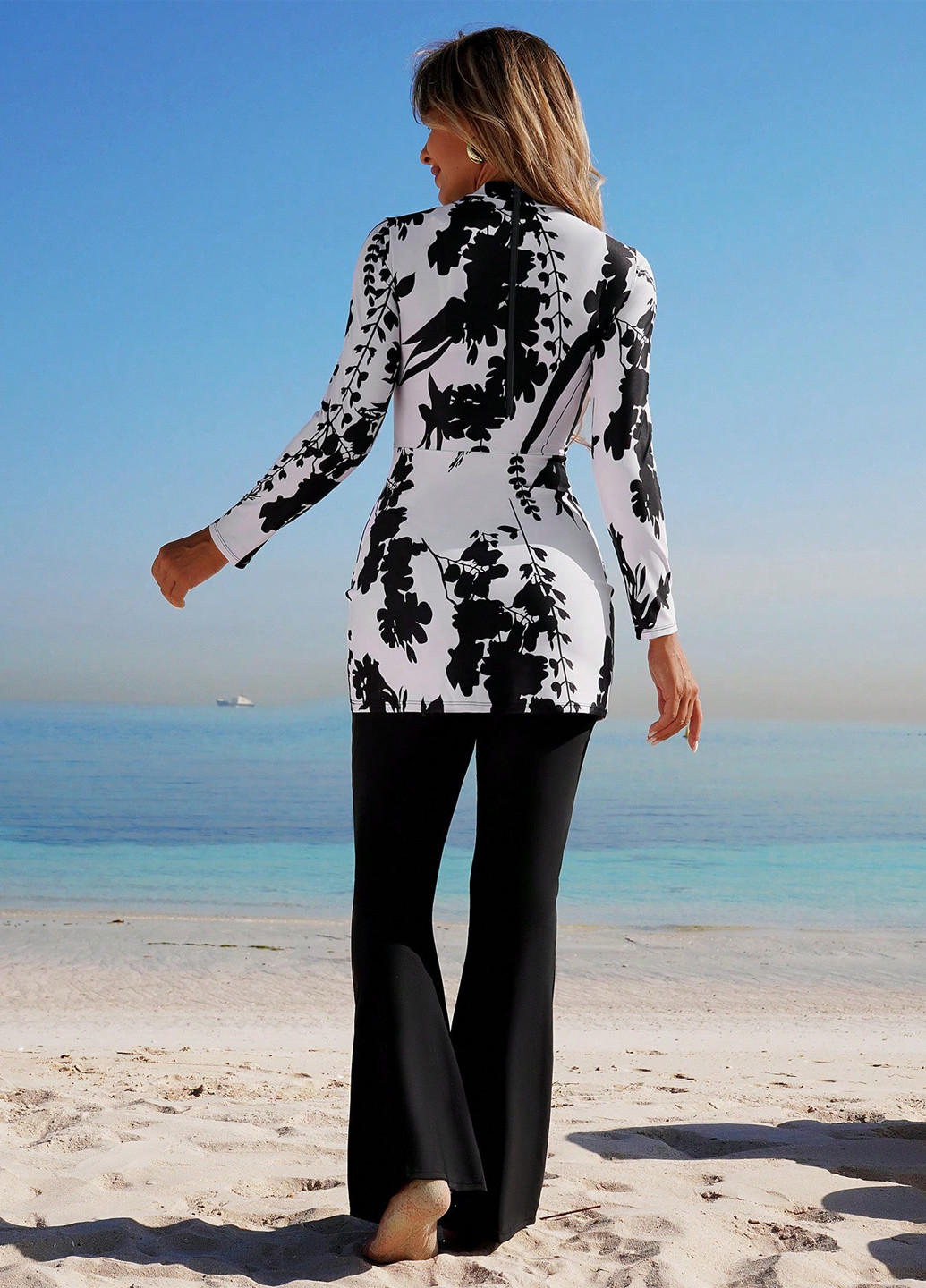 Черно-белый летний купальник (лонгслив, брюки) буркини, раздельный SHEIN