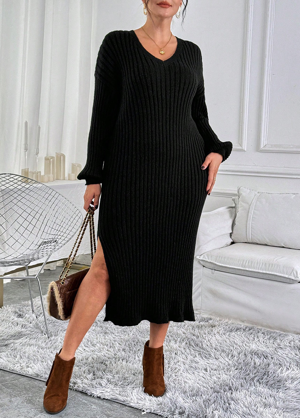 Черное кэжуал платье платье-свитер SHEIN однотонное