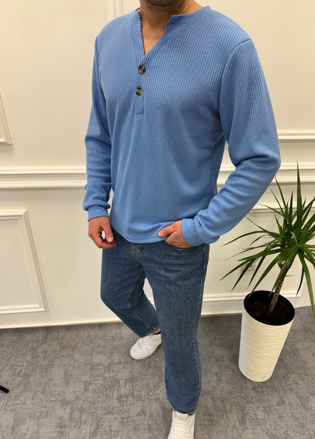 Лонгслів No Brand однотонний світло-синій кежуали бавовна