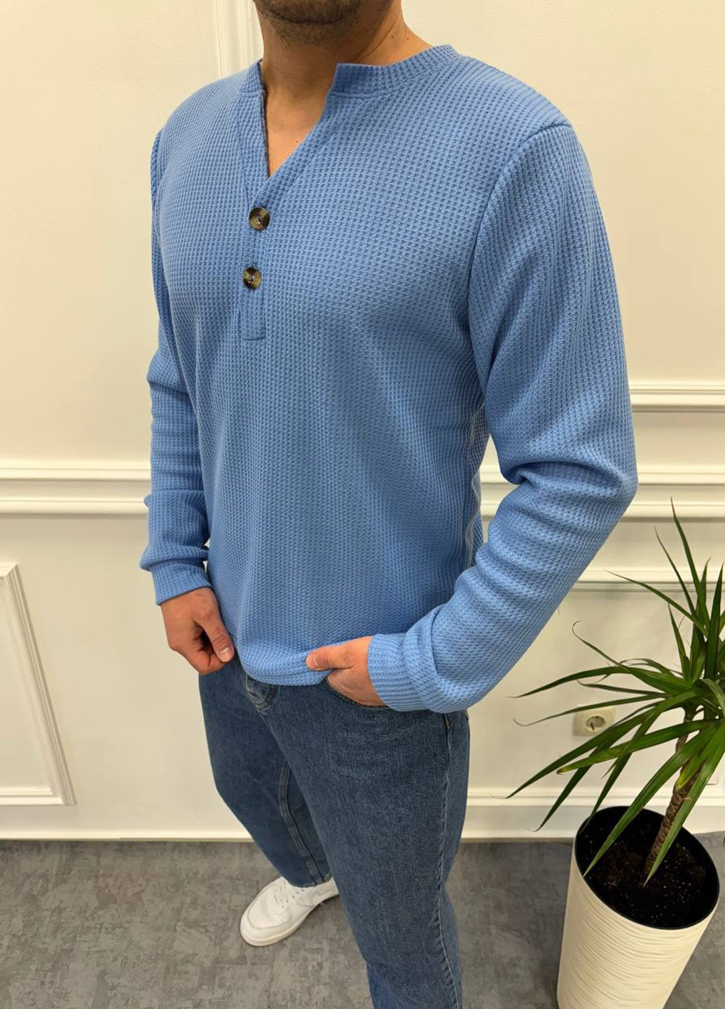 Лонгслів No Brand однотонний світло-синій кежуали бавовна