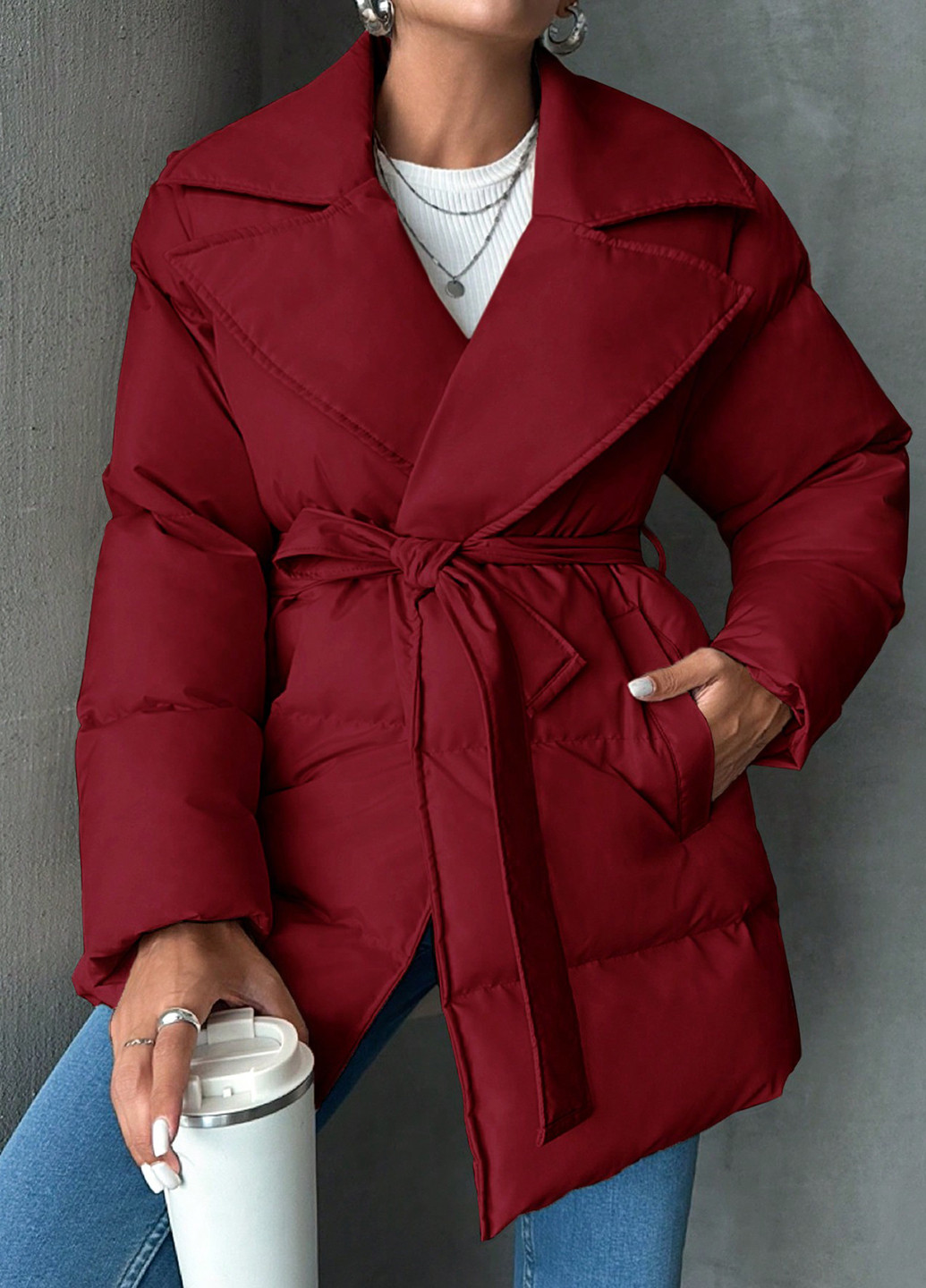 Темно-вишневая зимняя куртка куртка-пальто SHEIN