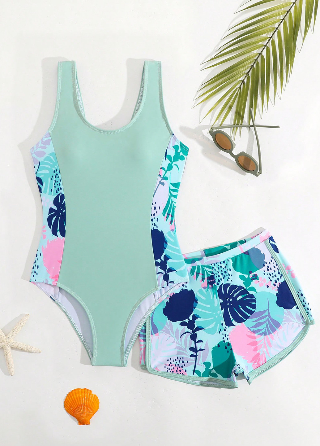 Бирюзовый летний комплект (купальник, шорты) танк, слитный SHEIN