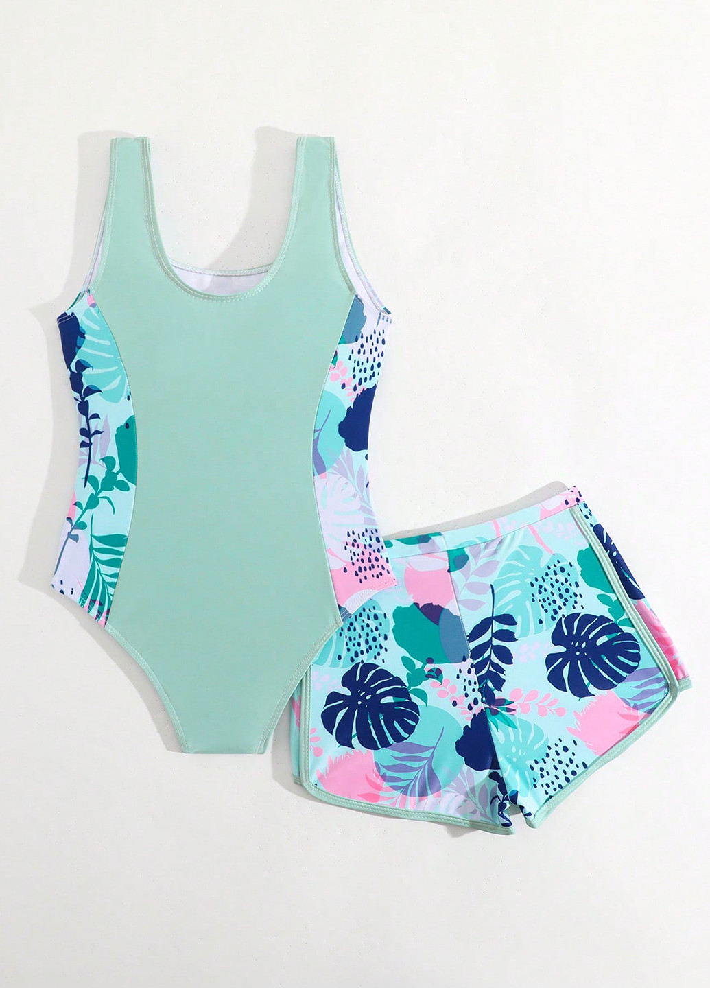 Бирюзовый летний комплект (купальник, шорты) танк, слитный SHEIN