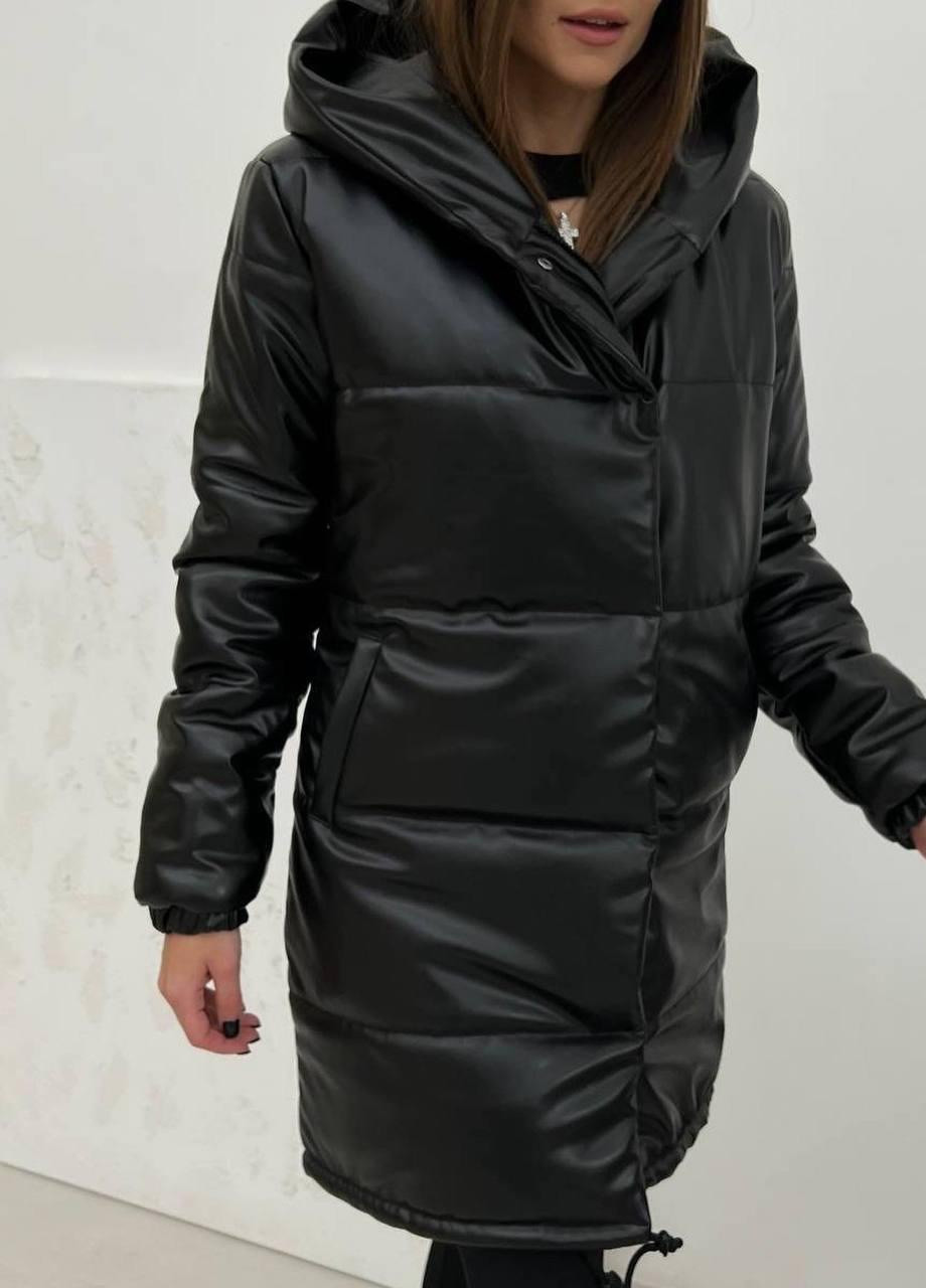 Черная зимняя женская зимний пуховик эко кожа s м l (42 44 46) куртка зимняя демисезонная черная No Brand