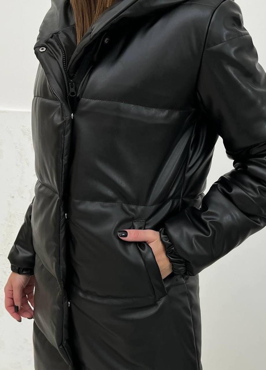 Чорна зимня жіноча зимовий пуховик еко шкіра s м l (42 44 46) зимова куртка демісезонна чорна No Brand