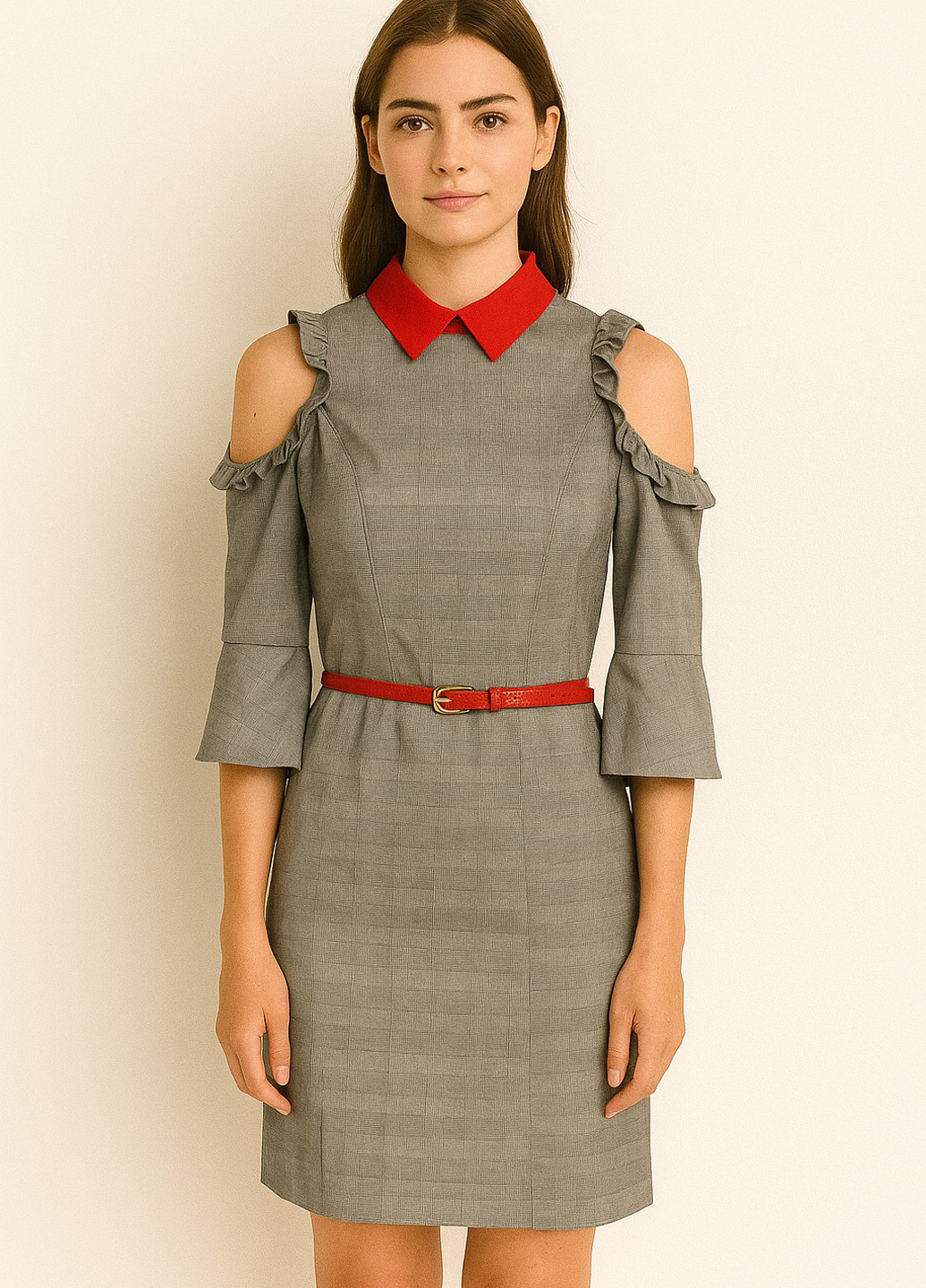 Сіра ділова сукня футляр Sassofono в клітинку