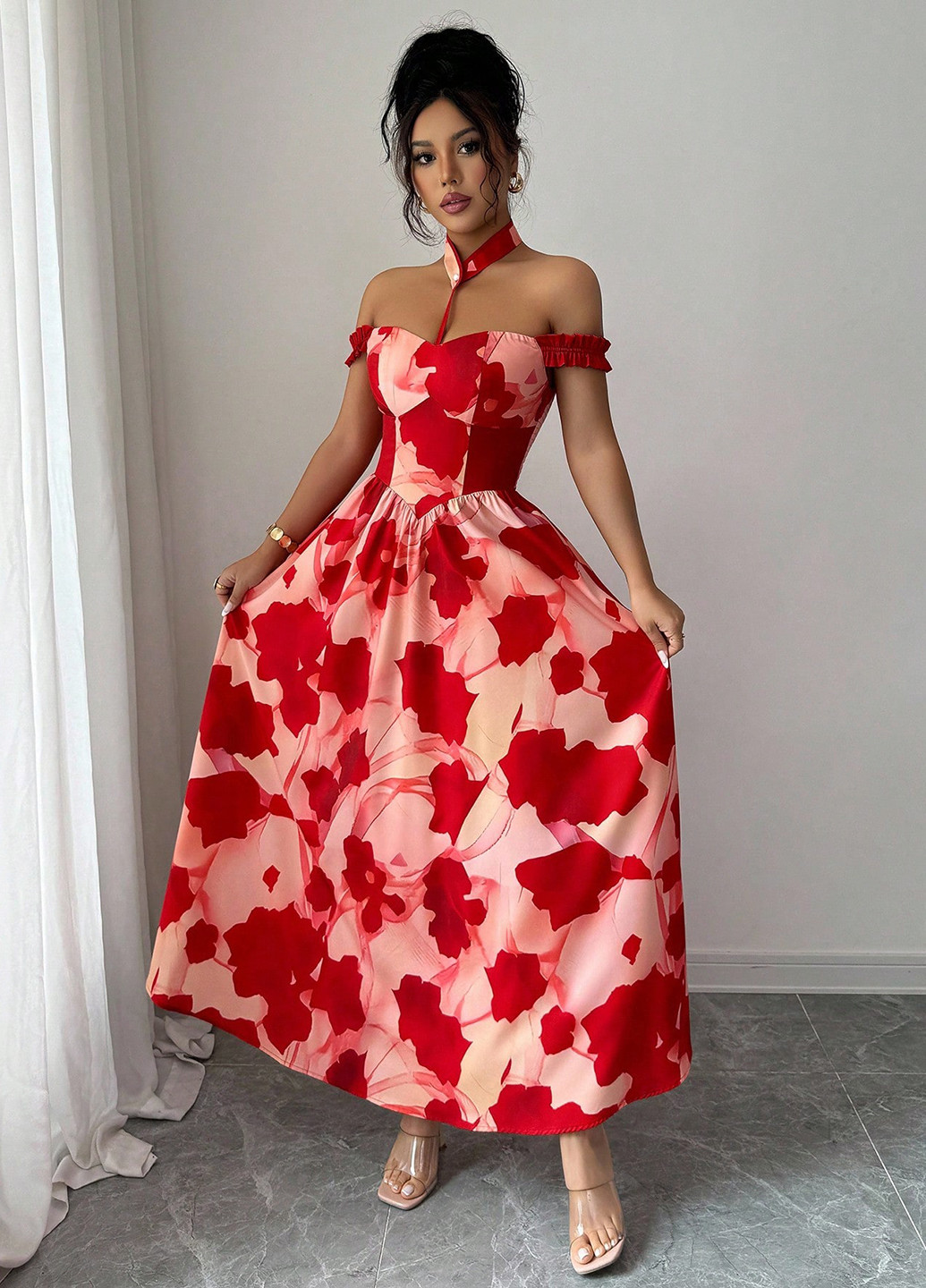 Комбінована святковий, кежуал сукня з відкритими плечима SHEIN з квітковим принтом