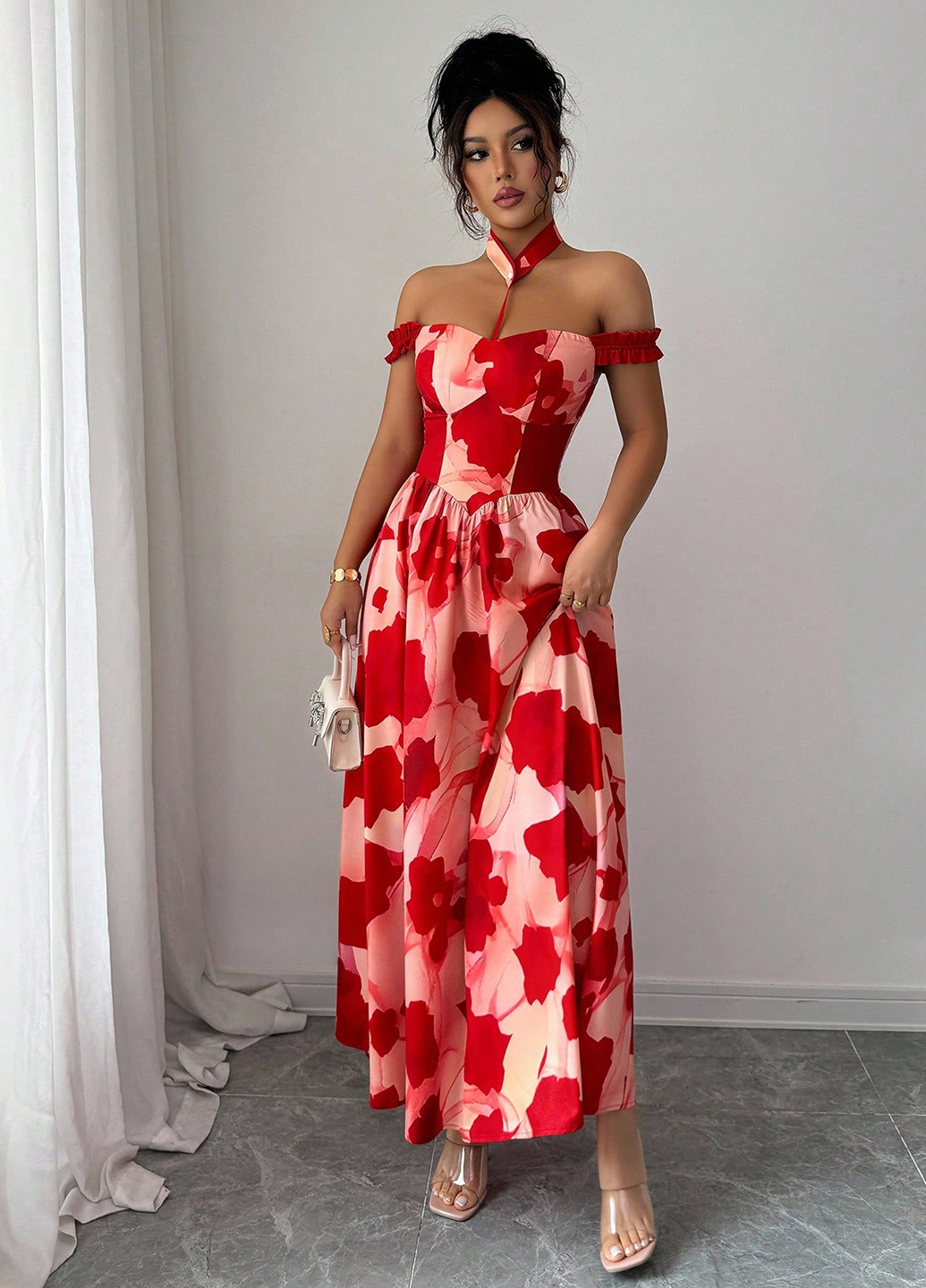 Комбінована святковий, кежуал сукня з відкритими плечима SHEIN з квітковим принтом