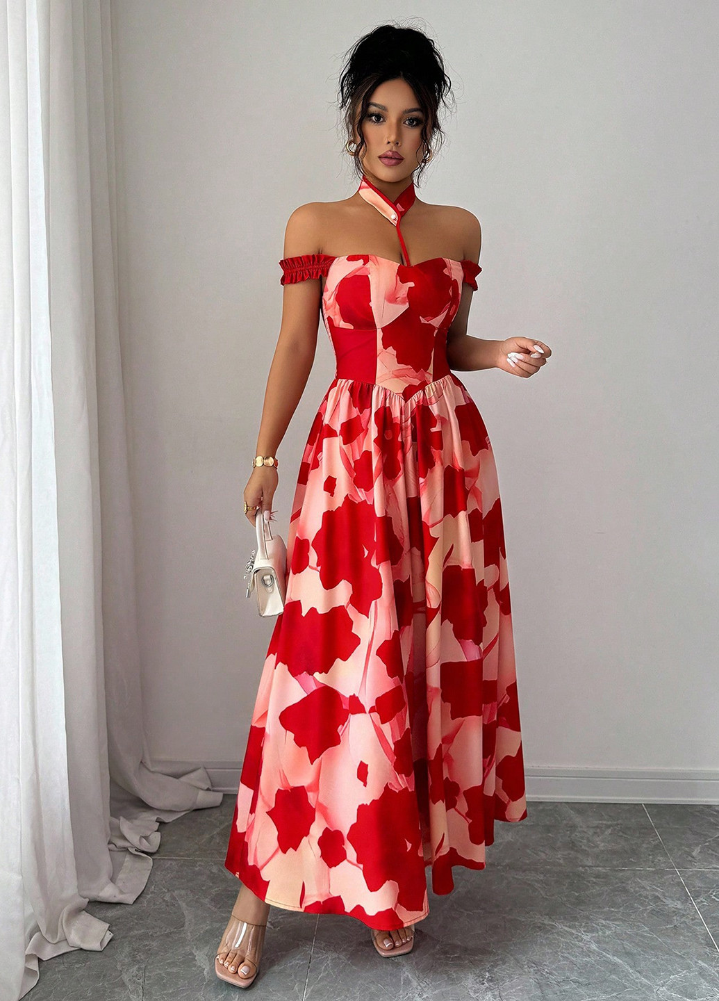 Комбінована святковий, кежуал сукня з відкритими плечима SHEIN з квітковим принтом