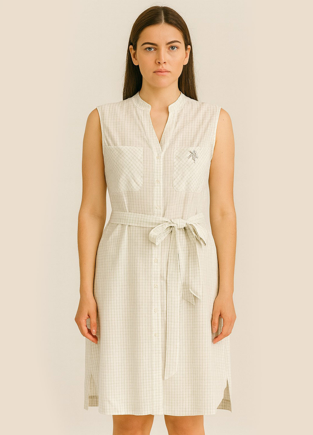 Молочное кэжуал платье рубашка Sassofono в клетку