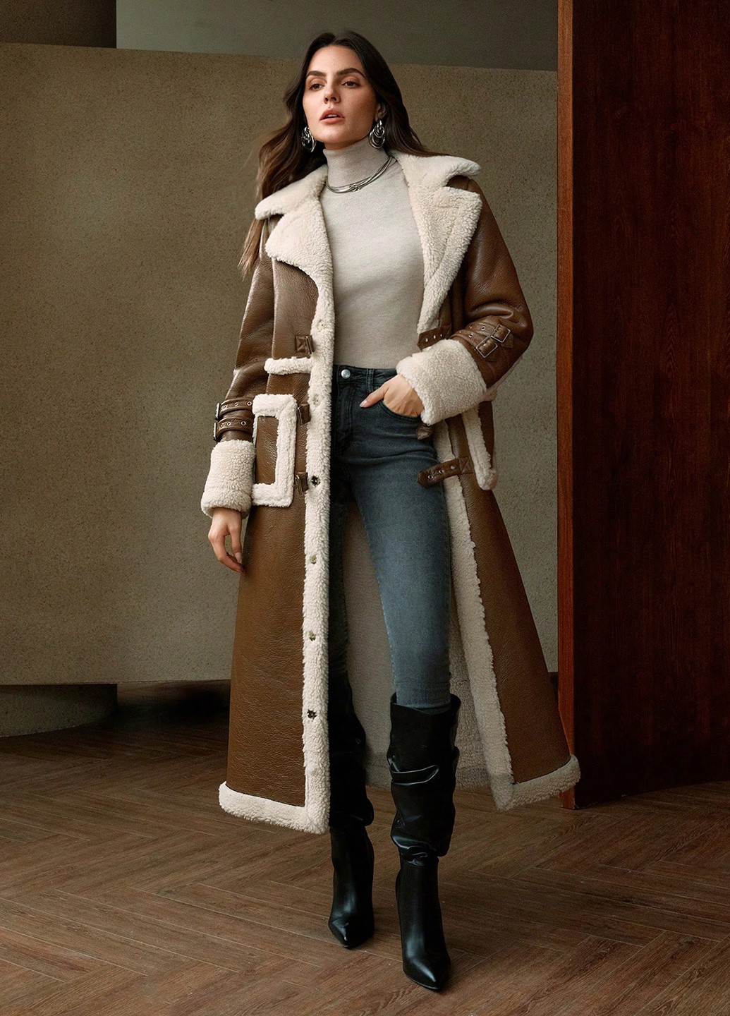 Коричневое зимнее Пальто однобортное SHEIN