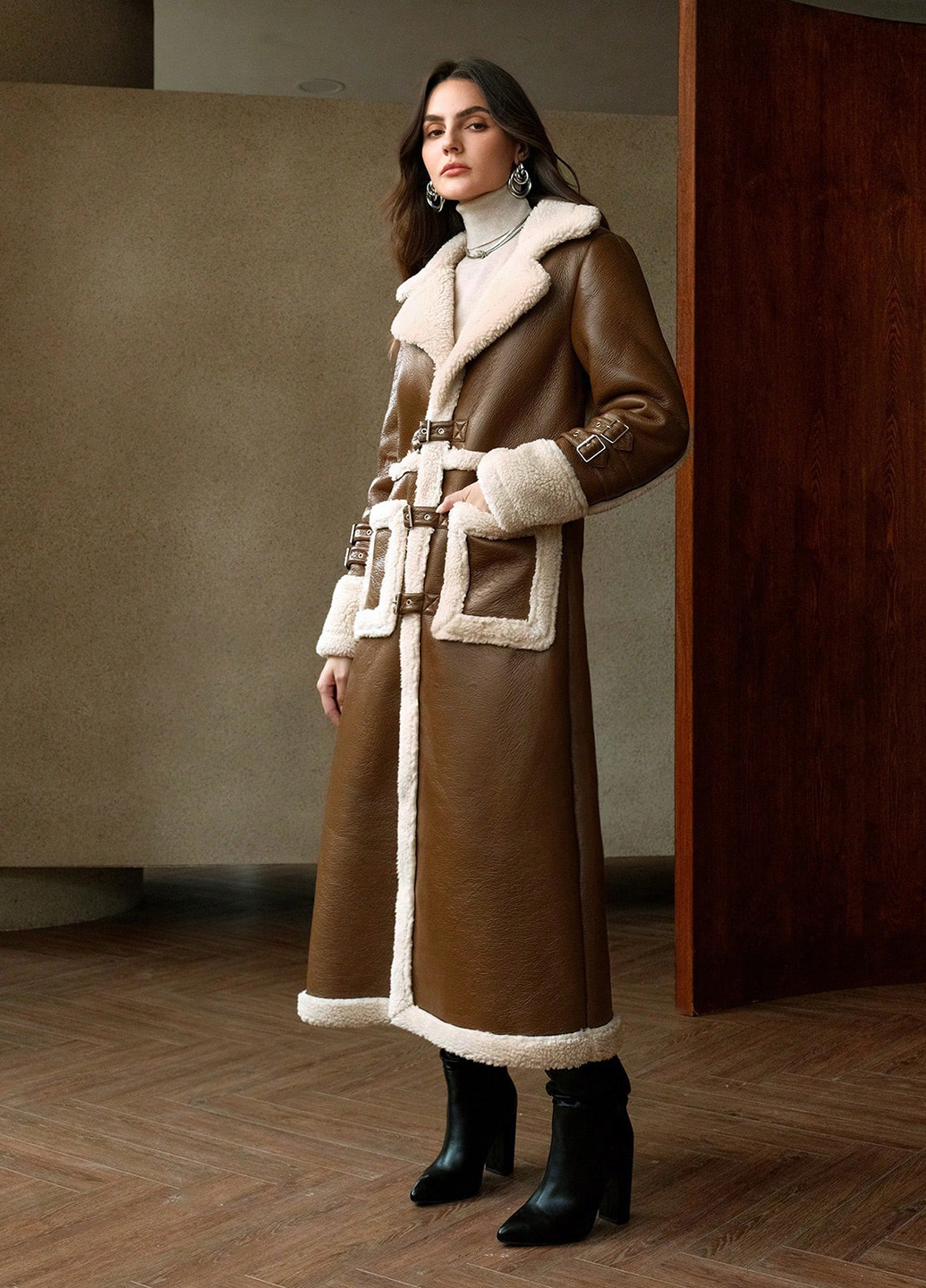 Коричневое зимнее Пальто однобортное SHEIN