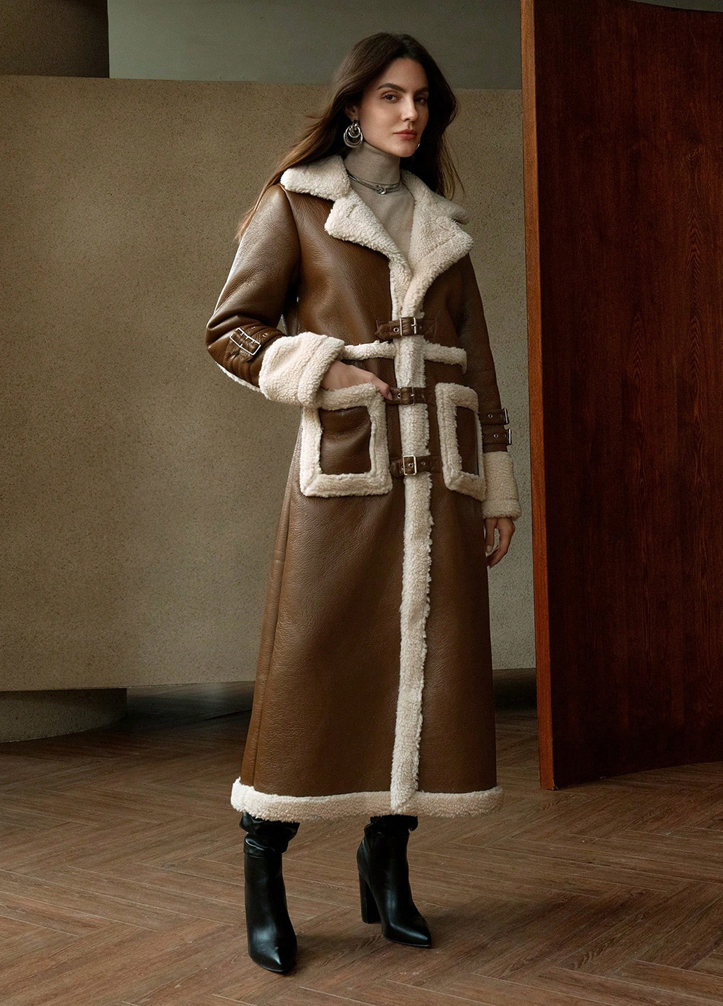 Коричневое зимнее Пальто однобортное SHEIN