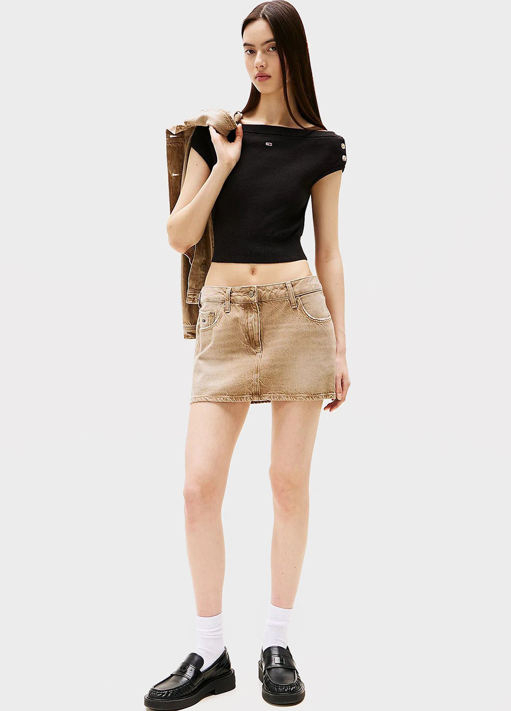 Бежевая джинсовая однотонная юбка Tommy Jeans