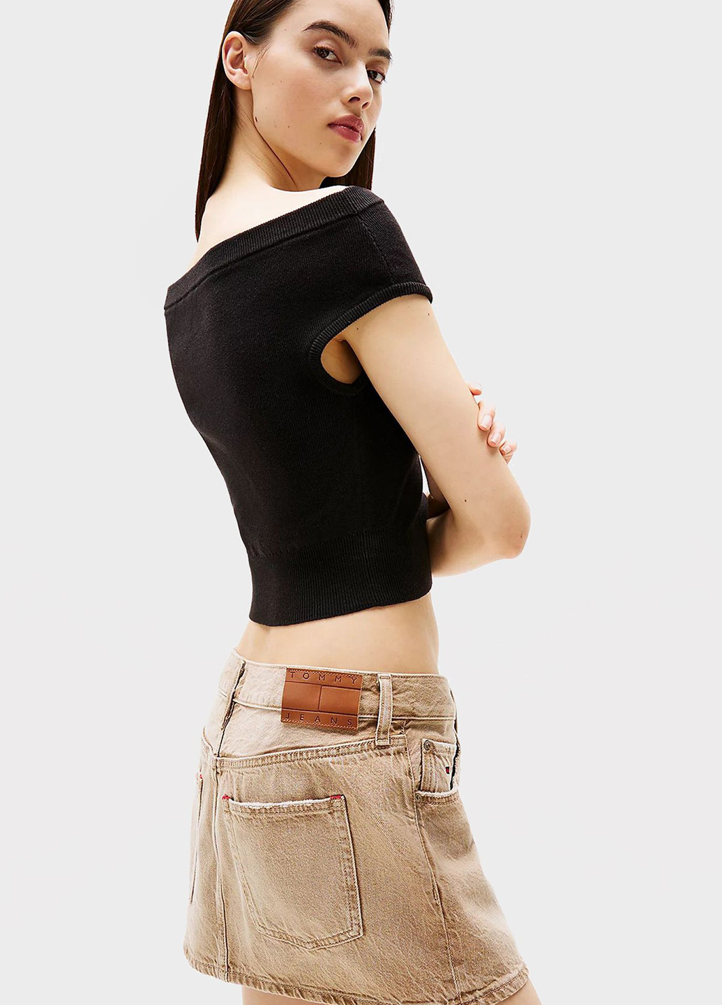 Бежевая джинсовая однотонная юбка Tommy Jeans