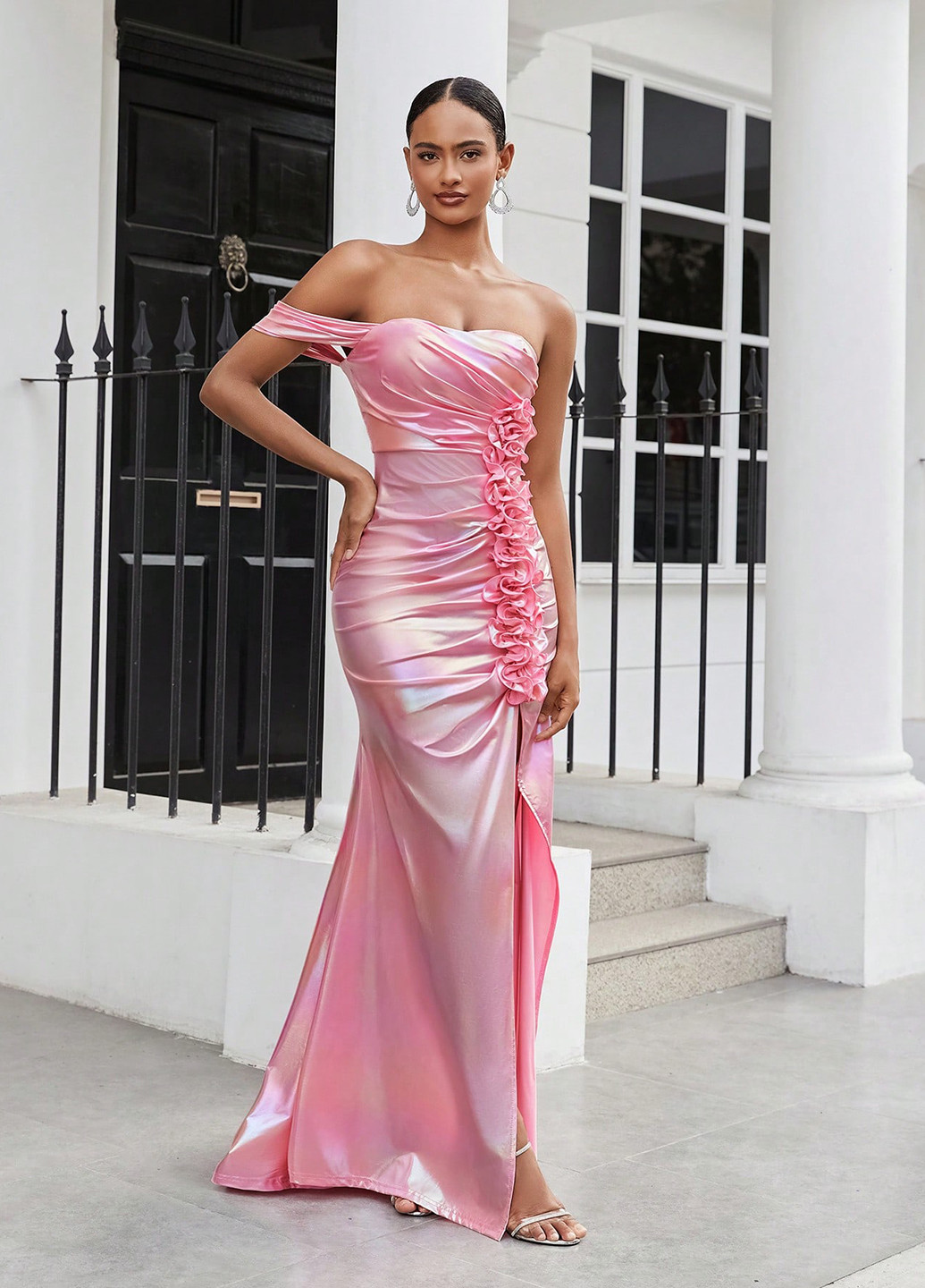 Розовое вечернее платье годе, на одно плечо SHEIN однотонное