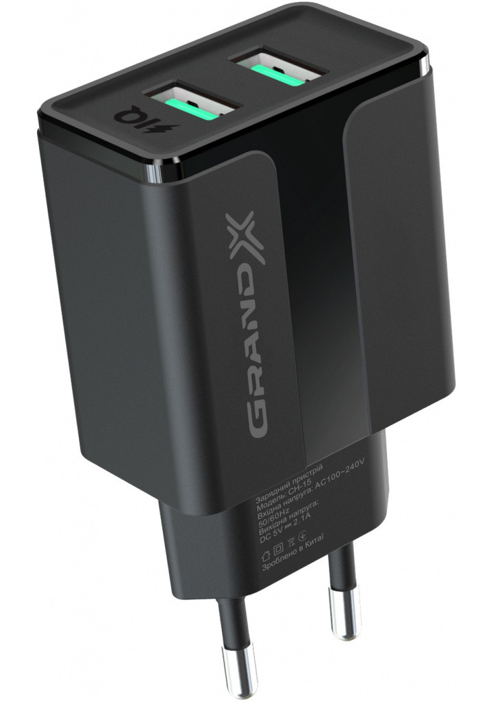 Зарядное устройство 1m) Black (CH-15UMB) Grand-X CH-15UMB (5V/2,1A + DC cable 2,4А USB -> Micro USB (253507347)