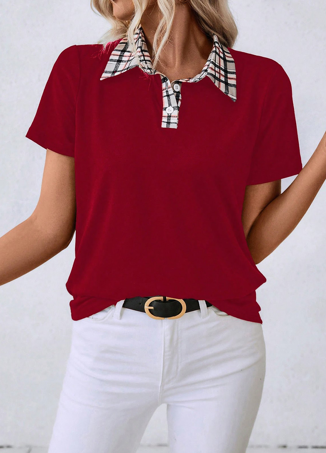 Темно-красная женская футболка-поло SHEIN однотонная