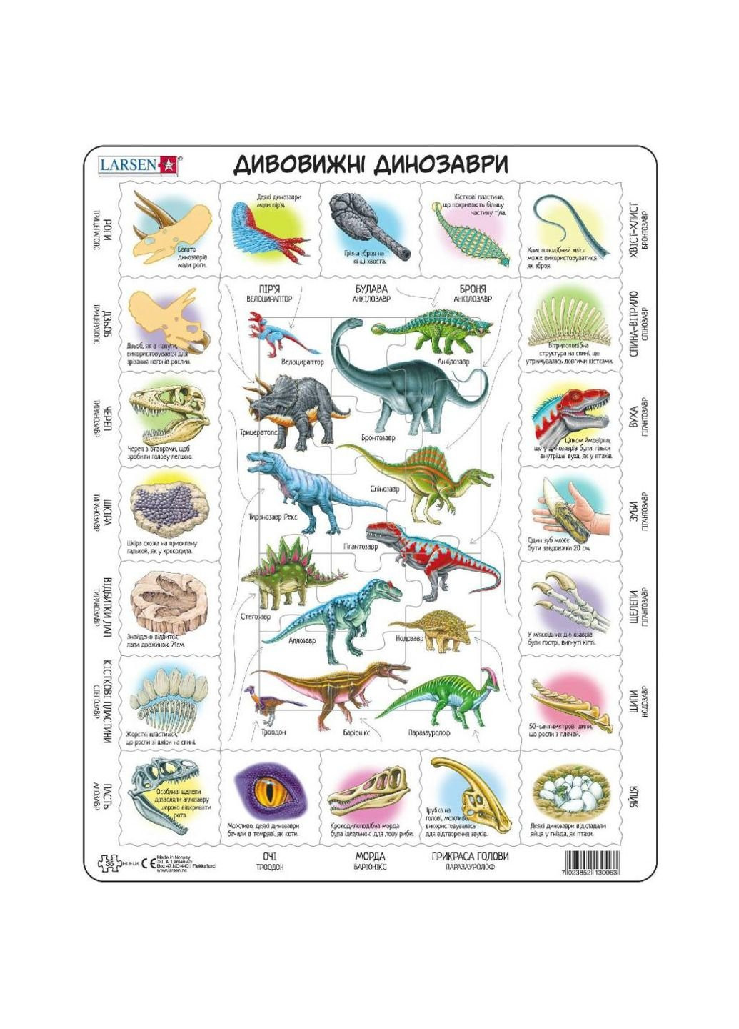 Пазл рамка-вкладыш Удивительные динозавры (HL9-UA) Larsen (249984397)
