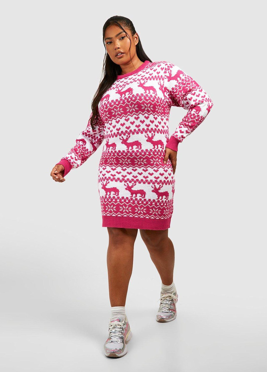 Розовое кэжуал платье платье-свитер Boohoo с орнаментом