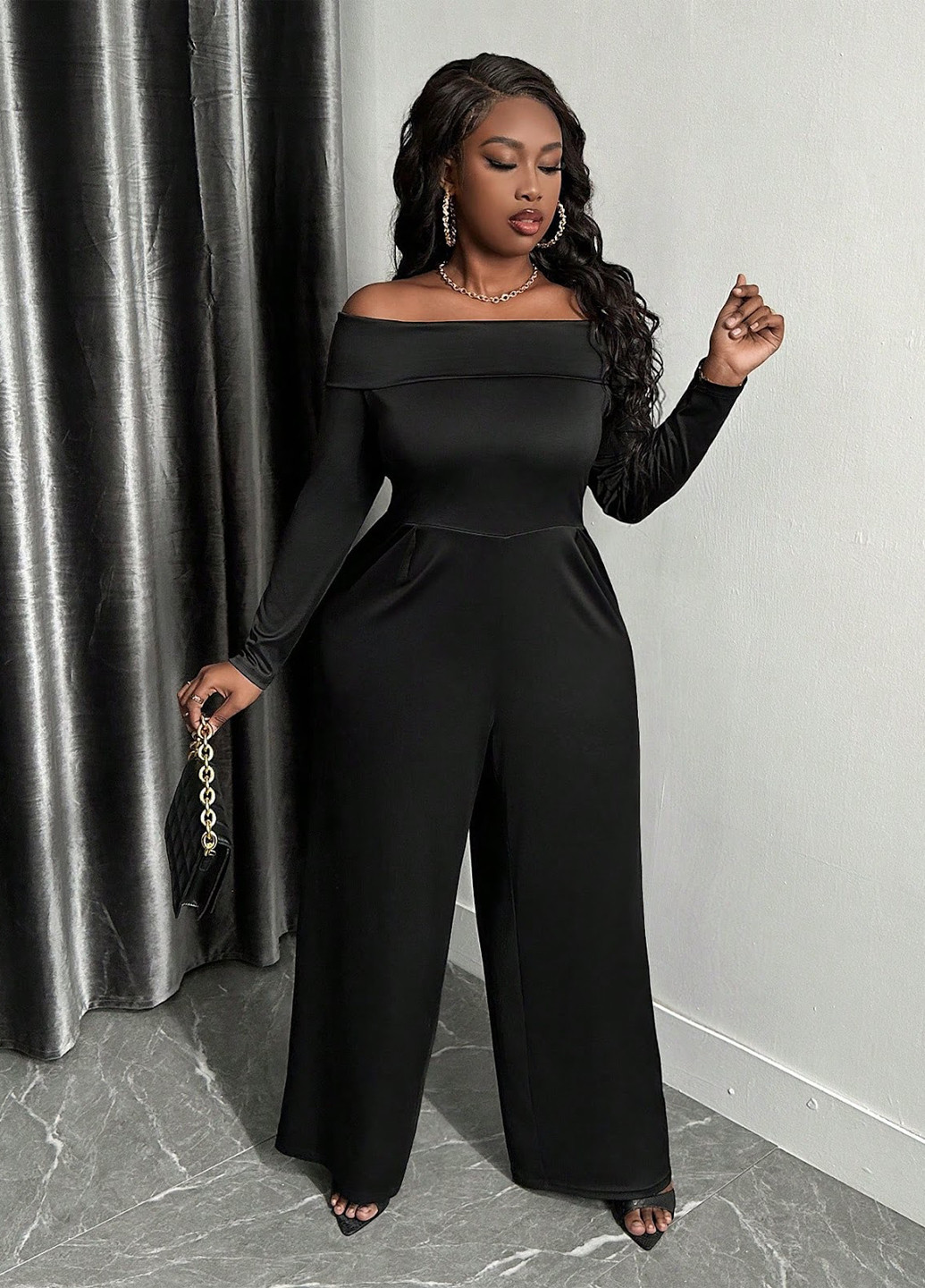 Комбінезон SHEIN комбінезон-брюки однотонний чорний вечірній, кежуал поліестер