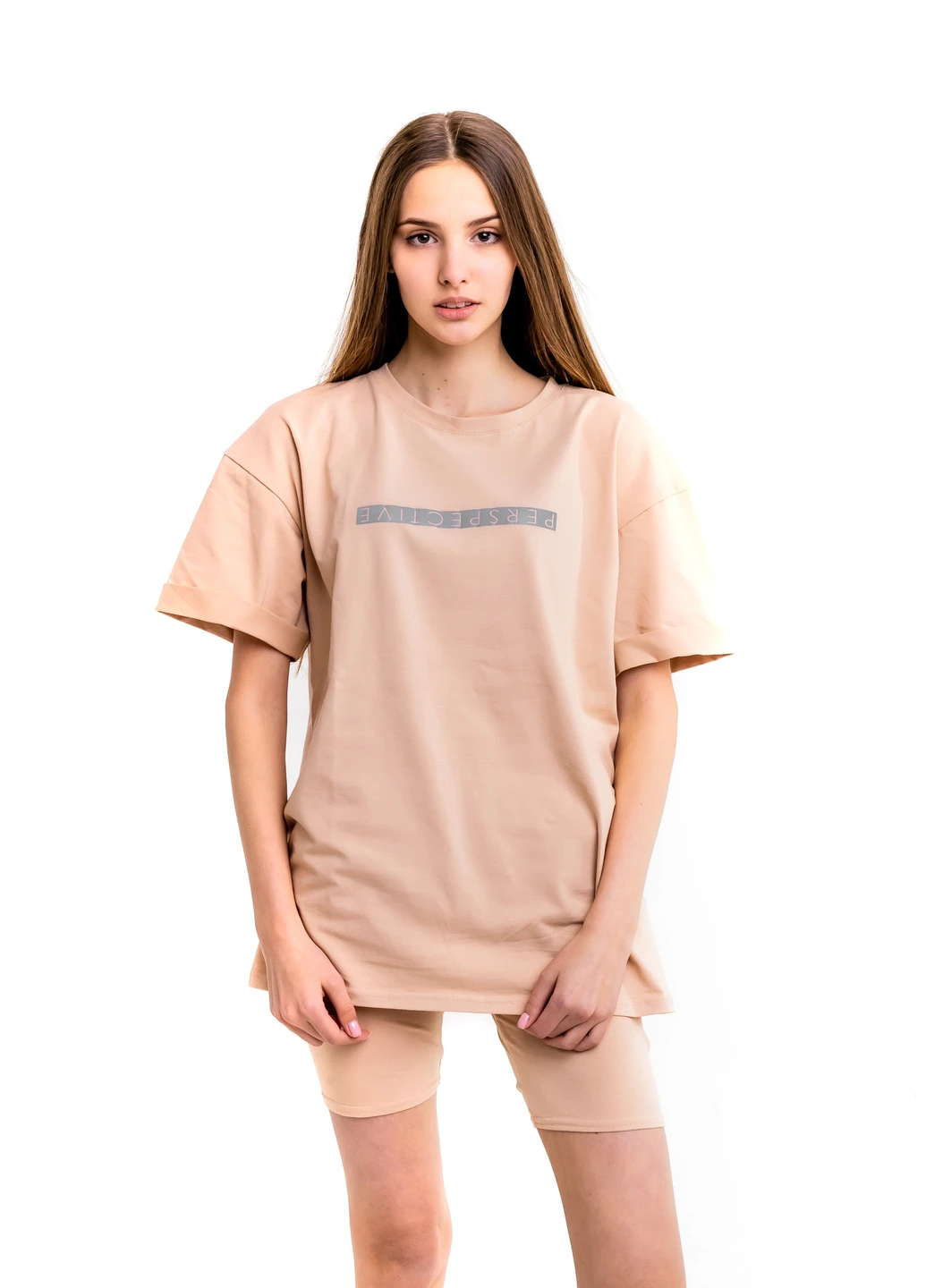Футболка Comfort жіноча Oversize з рефлективний принтом Perspective бежева Intruder - (233042603)