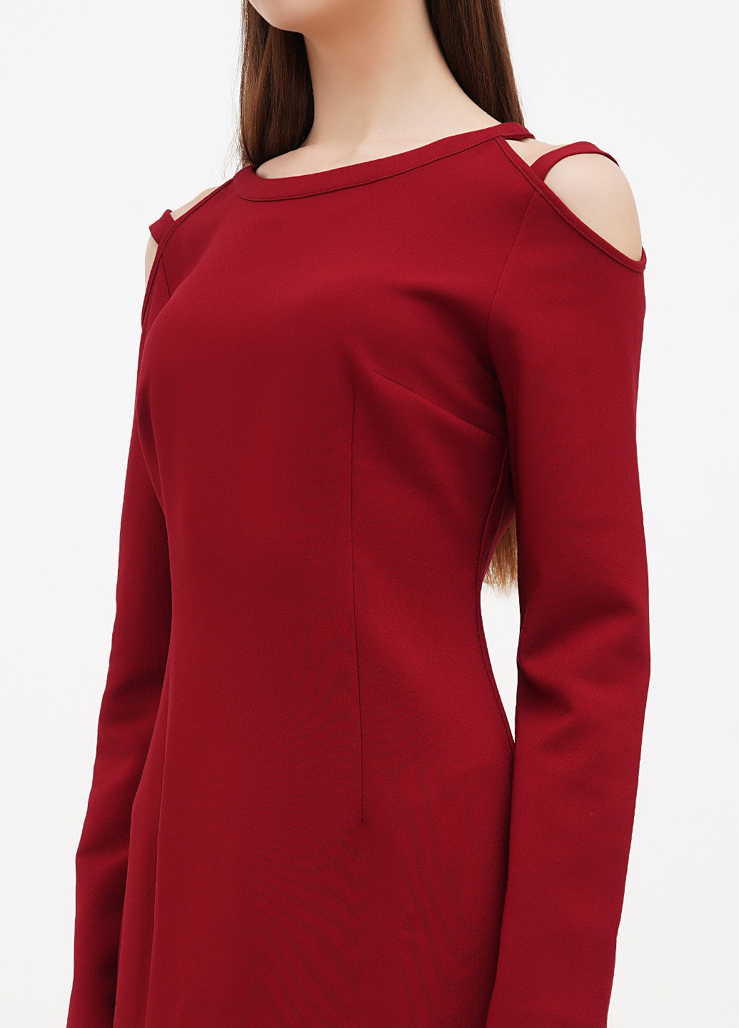 Бордовое кэжуал платье с открытыми плечами Sassofono однотонное