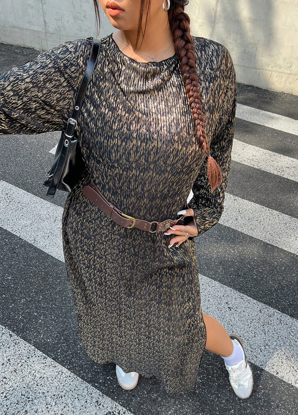 Золотистое кэжуал платье оверсайз SHEIN с абстрактным узором