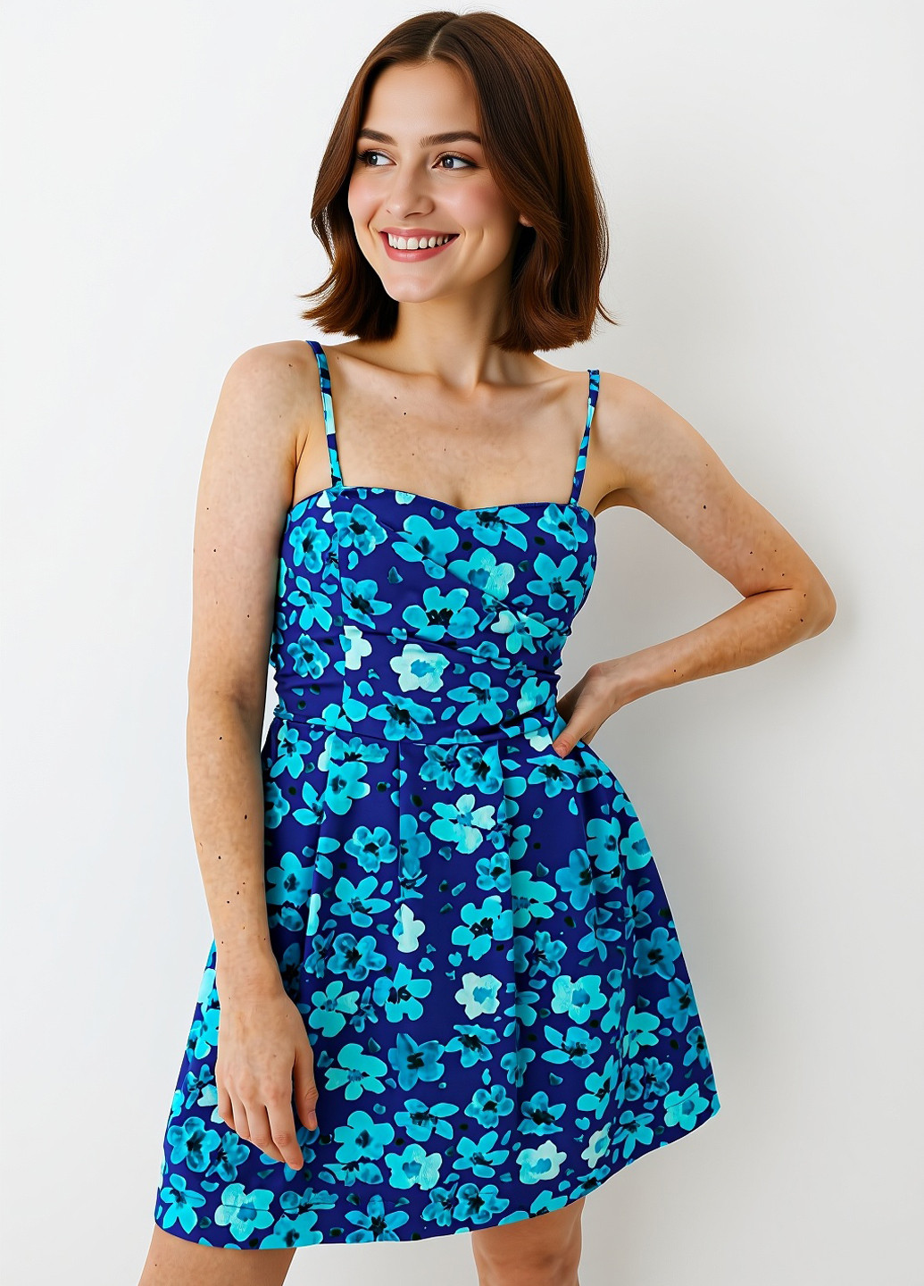 Синее кэжуал платье колокол Mohito с цветочным принтом