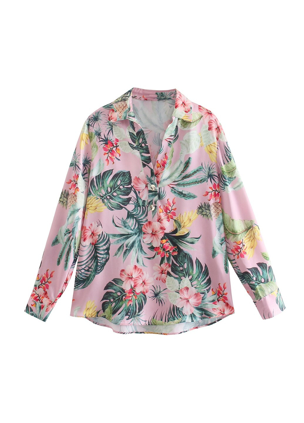 Розовая демисезонная блуза женская с v-вырезом tropical leaves Berni Fashion 58654