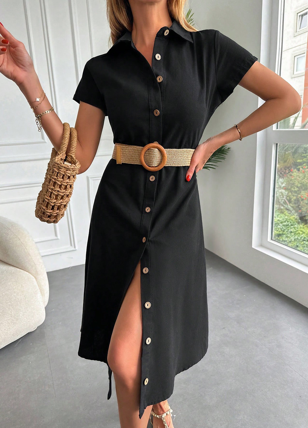 Черное кэжуал платье рубашка SHEIN однотонное