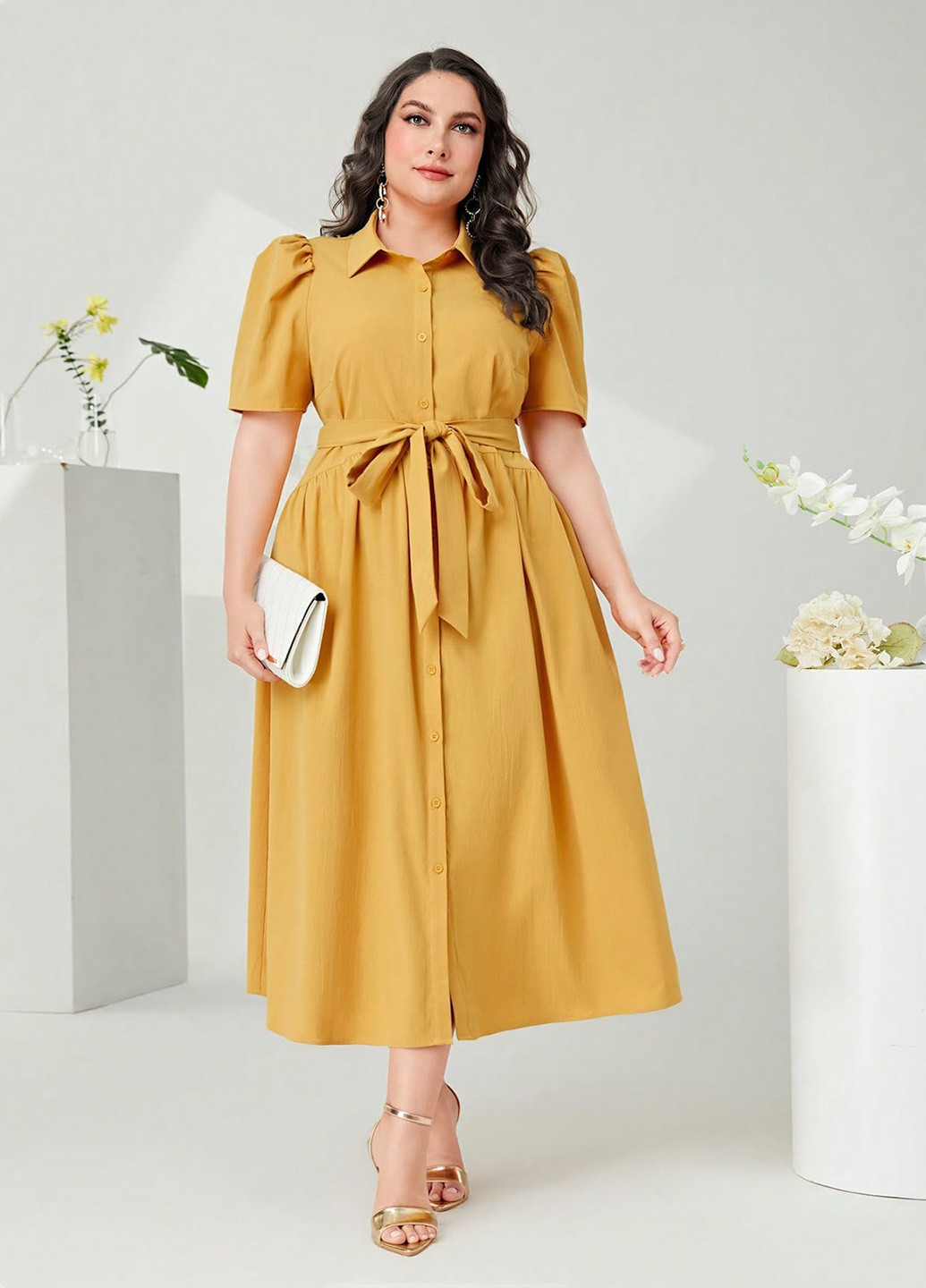 Гірчична кежуал сукня сукня-сорочка SHEIN однотонна