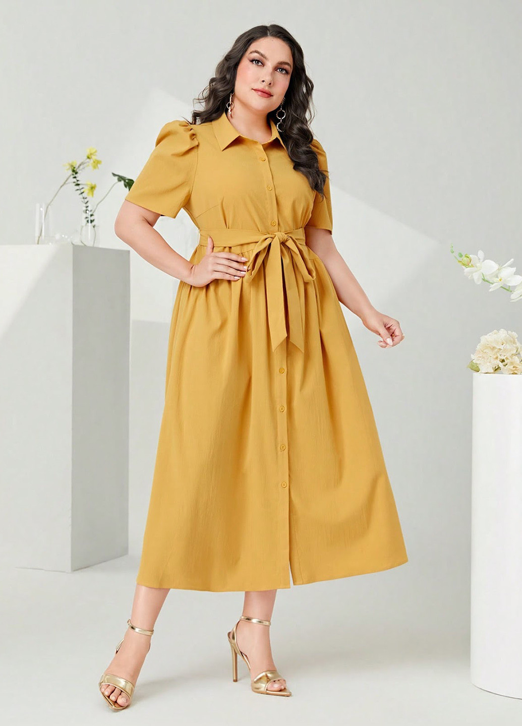 Гірчична кежуал сукня сукня-сорочка SHEIN однотонна