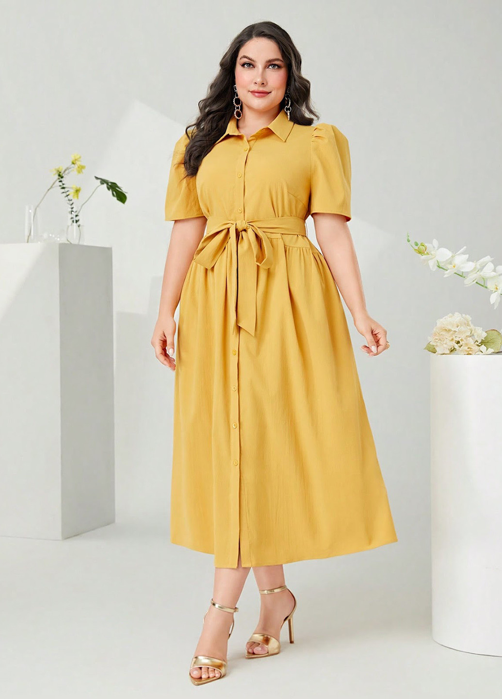 Гірчична кежуал сукня сукня-сорочка SHEIN однотонна