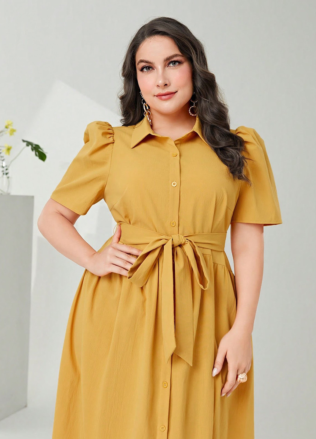 Гірчична кежуал сукня сукня-сорочка SHEIN однотонна