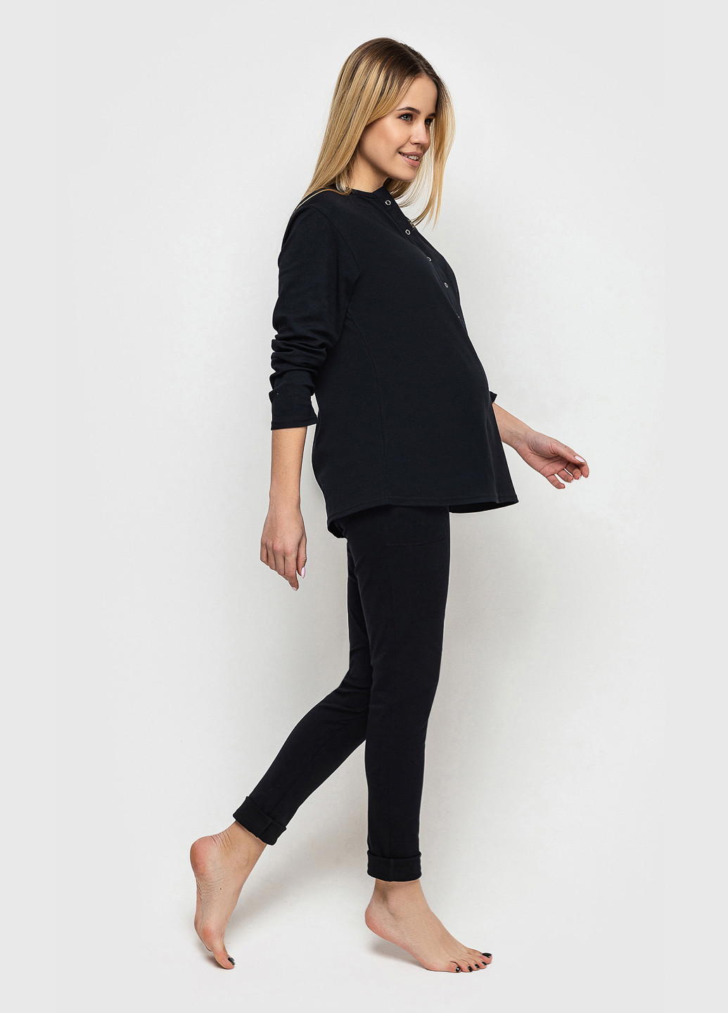 Черная всесезон пижама, домашний костюм для беременных и кормящих мам black home чёрный лонгслив + брюки Koko boutique